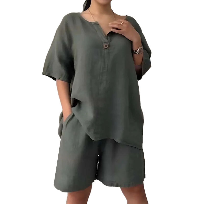 Ensemble deux pièces d'été pour femme, en coton et lin, uni et simple