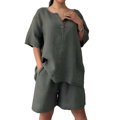 Ensemble deux pièces d'été pour femme, en coton et lin, uni et simple