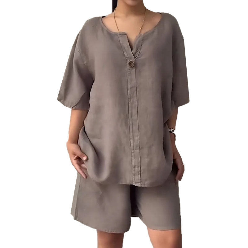Ensemble deux pièces d'été pour femme, en coton et lin, uni et simple