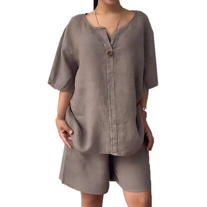 Ensemble deux pièces d'été pour femme, en coton et lin, uni et simple