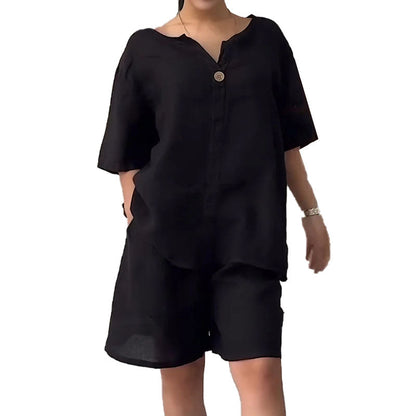 Ensemble deux pièces d'été pour femme, en coton et lin, uni et simple