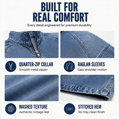 ⌛ Nur solange Vorrat reicht – danach regulärer Preis! Vintage-Denim-T-Shirt mit halbem Reißverschluss für Herren