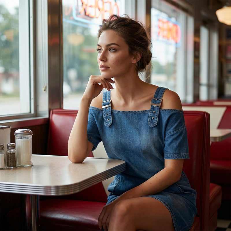 Robe en jean pour femme avec boucles réglables et poches