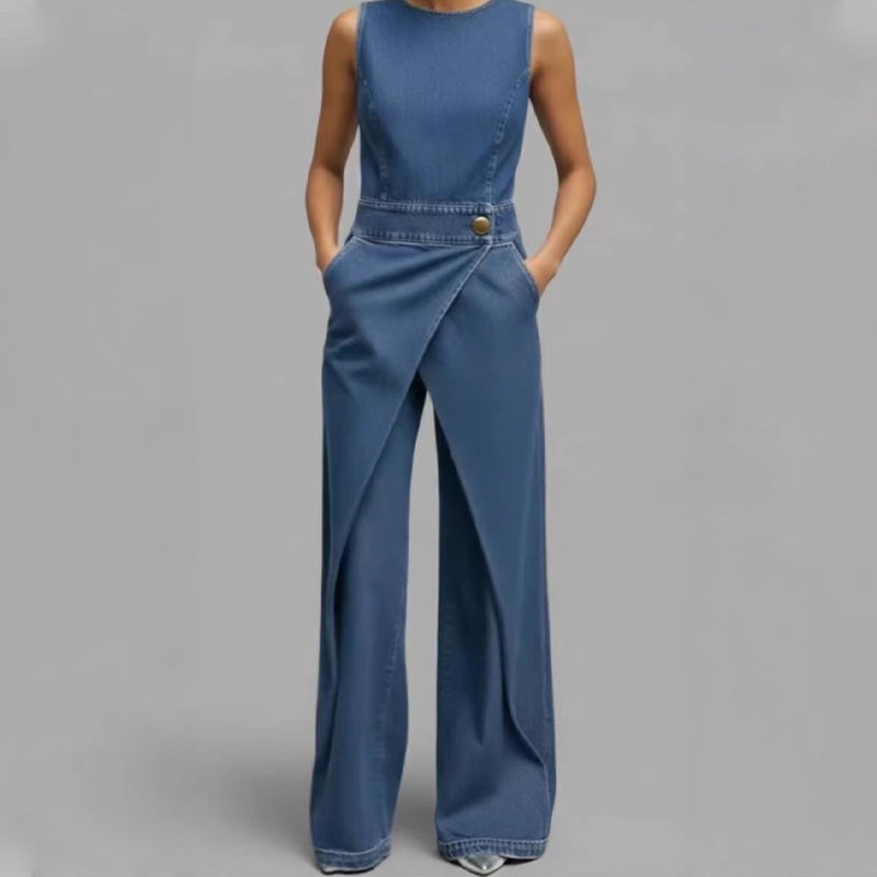 Combinaison en jean asymétrique à nouer, sans manches, pour femme