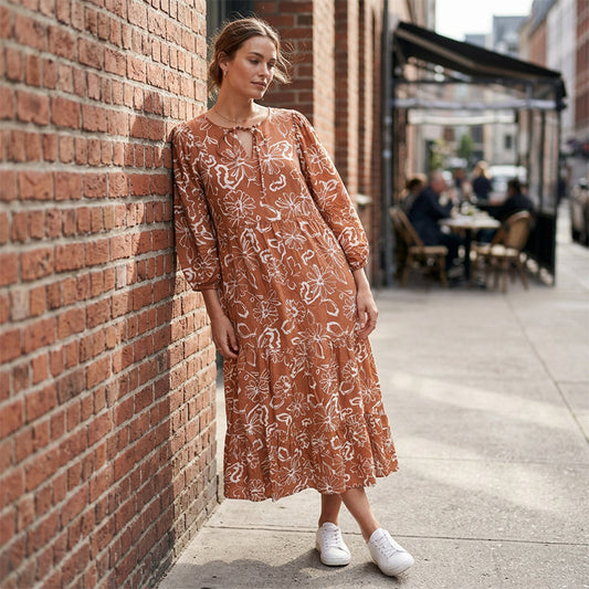 Robe midi élégante à motif floral et col en V pour femme