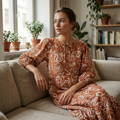 Robe midi élégante à motif floral et col en V pour femme