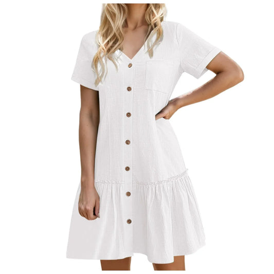Robe à nouer pour femme, robe d'été ample en coton et lin, avec ourlet à volants, robe décontractée à manches courtes