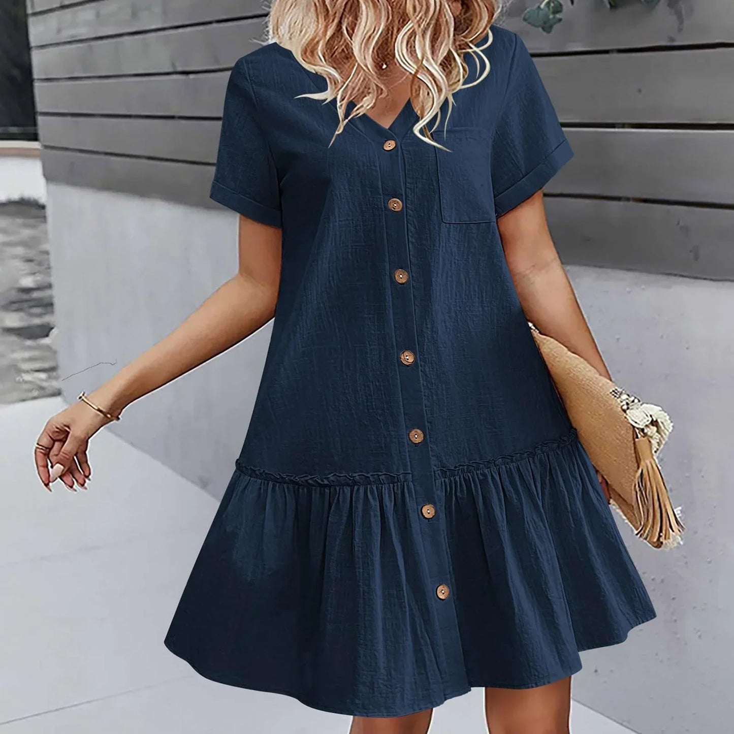 Robe à nouer pour femme, robe d'été ample en coton et lin, avec ourlet à volants, robe décontractée à manches courtes