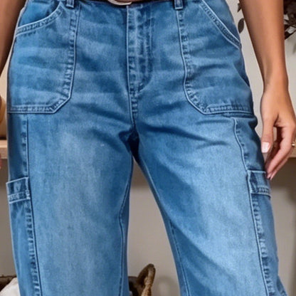 👖 LIMITED-TIME 55% OFF! ✨ Pantalon en jean court et extensible pour femme, style décontracté – coupe « barrel », taille mi-haute, plusieurs poches 🌿