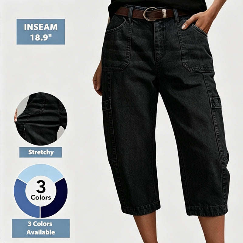👖 LIMITED-TIME 55% OFF! ✨ Pantalon en jean court et extensible pour femme, style décontracté – coupe « barrel », taille mi-haute, plusieurs poches 🌿
