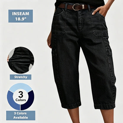 👖 LIMITED-TIME 55% OFF! ✨ Pantalon en jean court et extensible pour femme, style décontracté – coupe « barrel », taille mi-haute, plusieurs poches 🌿