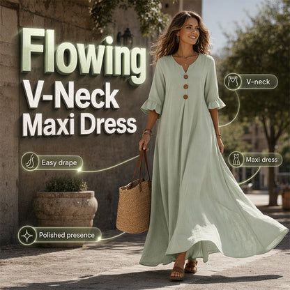👗 50% DE RÉDUCTION 🌸 Robe longue ample à col en V pour femme – Fluide, légère & facile à porter – Parfaite pour l’été, les vacances ou un look décontracté chic – coupe confortable et intemporelle ✨🌿