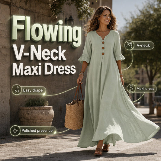 👗 50% DE RÉDUCTION 🌸 Robe longue ample à col en V pour femme – Fluide, légère & facile à porter – Parfaite pour l’été, les vacances ou un look décontracté chic – coupe confortable et intemporelle ✨🌿