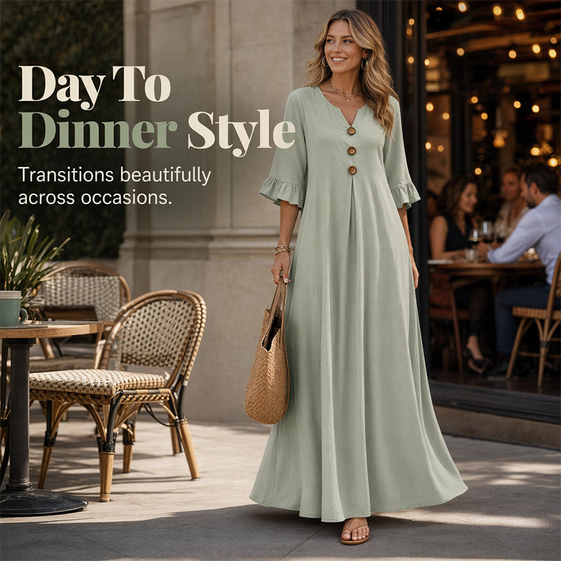 👗 50% DE RÉDUCTION 🌸 Robe longue ample à col en V pour femme – Fluide, légère & facile à porter – Parfaite pour l’été, les vacances ou un look décontracté chic – coupe confortable et intemporelle ✨🌿