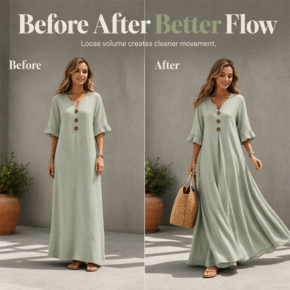 👗 50% DE RÉDUCTION 🌸 Robe longue ample à col en V pour femme – Fluide, légère & facile à porter – Parfaite pour l’été, les vacances ou un look décontracté chic – coupe confortable et intemporelle ✨🌿