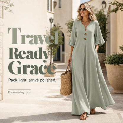 👗 50% DE RÉDUCTION 🌸 Robe longue ample à col en V pour femme – Fluide, légère & facile à porter – Parfaite pour l’été, les vacances ou un look décontracté chic – coupe confortable et intemporelle ✨🌿