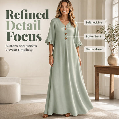 👗 50% DE RÉDUCTION 🌸 Robe longue ample à col en V pour femme – Fluide, légère & facile à porter – Parfaite pour l’été, les vacances ou un look décontracté chic – coupe confortable et intemporelle ✨🌿