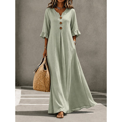 👗 50% DE RÉDUCTION 🌸 Robe longue ample à col en V pour femme – Fluide, légère & facile à porter – Parfaite pour l’été, les vacances ou un look décontracté chic – coupe confortable et intemporelle ✨🌿