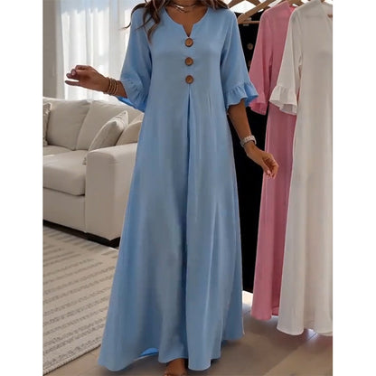 👗 50% DE RÉDUCTION 🌸 Robe longue ample à col en V pour femme – Fluide, légère & facile à porter – Parfaite pour l’été, les vacances ou un look décontracté chic – coupe confortable et intemporelle ✨🌿
