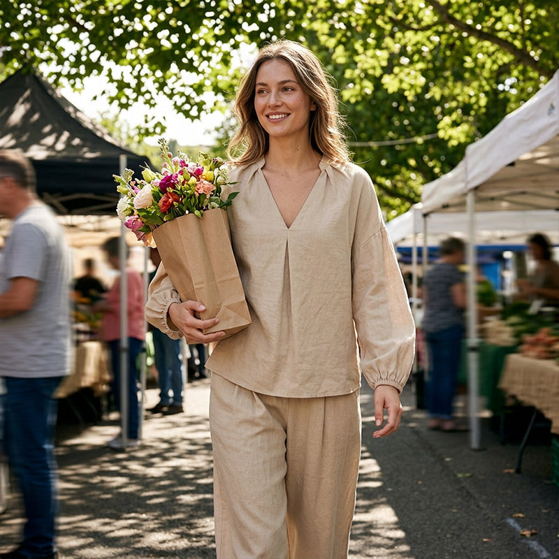 Ensemble décontracté pour femme : haut à col en V et pantalon