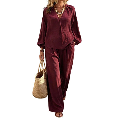 Ensemble décontracté pour femme : haut à col en V et pantalon