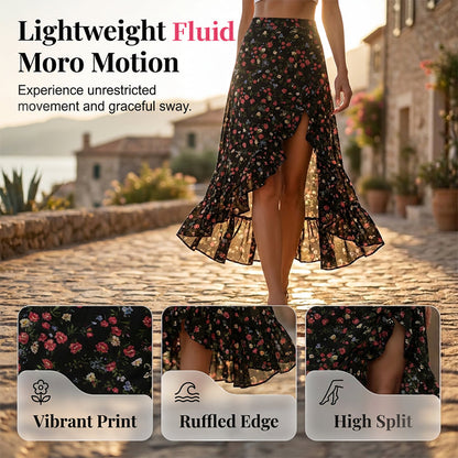 Jupe mi-longue pour femme à motifs floraux, taille haute, volants et fente, idéale pour les vacances d'été