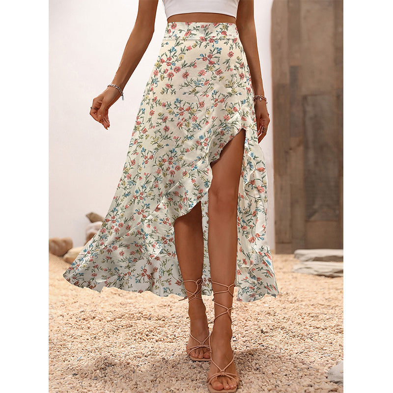 Jupe mi-longue pour femme à motifs floraux, taille haute, volants et fente, idéale pour les vacances d'été