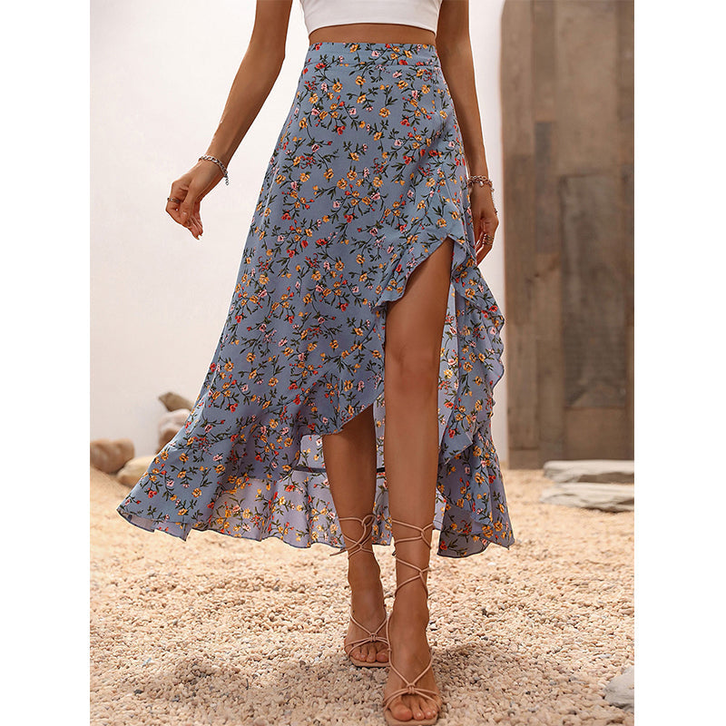 Jupe mi-longue pour femme à motifs floraux, taille haute, volants et fente, idéale pour les vacances d'été