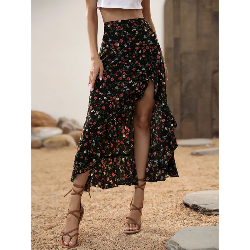Jupe mi-longue pour femme à motifs floraux, taille haute, volants et fente, idéale pour les vacances d'été