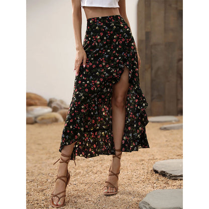 Jupe mi-longue pour femme à motifs floraux, taille haute, volants et fente, idéale pour les vacances d'été