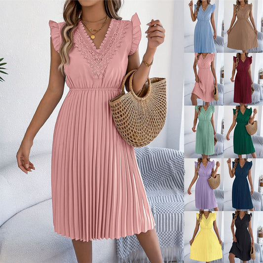 Robe midi pour femme à col en V, en dentelle, à manches à volants et plissée