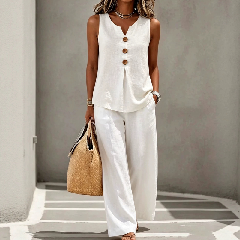 🔥-50%👖 Ensemble Femme Deux Pièces 🌿 Ensemble décontracté , haut sans manches et pantalon large pour le quotidien
