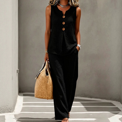 🔥-50%👖 Ensemble Femme Deux Pièces 🌿 Ensemble décontracté , haut sans manches et pantalon large pour le quotidien