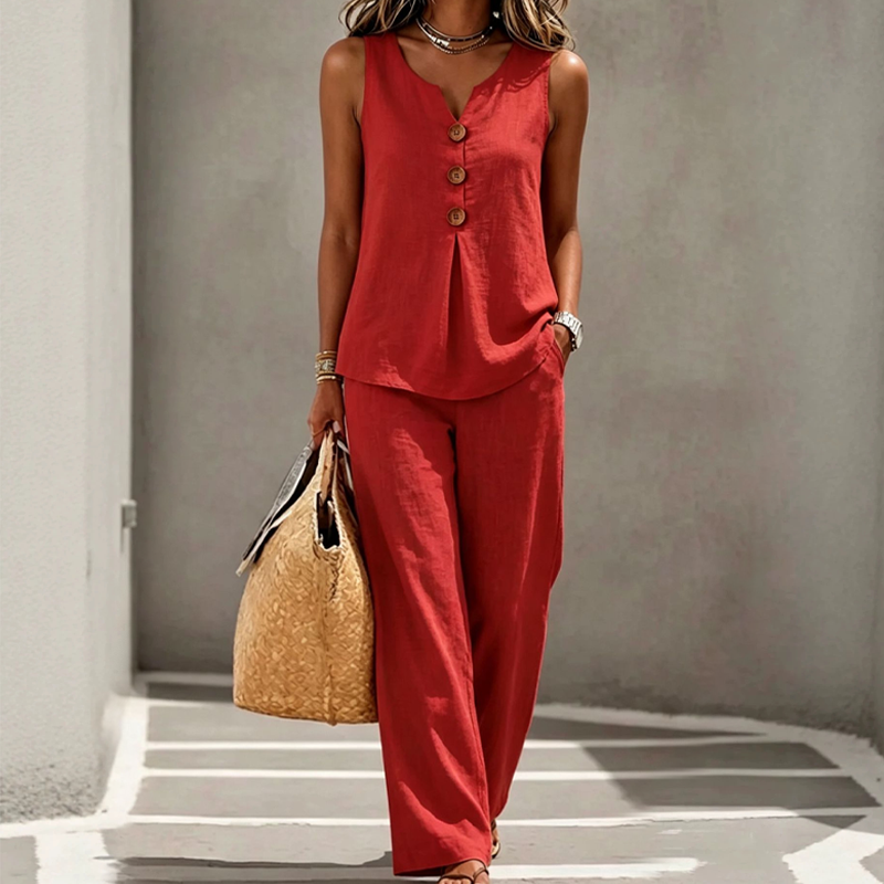 🔥-50%👖 Ensemble Femme Deux Pièces 🌿 Ensemble décontracté , haut sans manches et pantalon large pour le quotidien