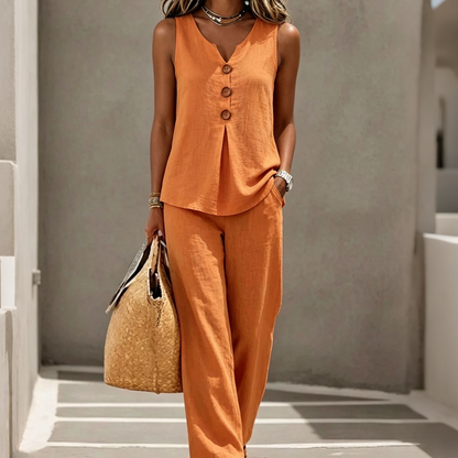 🔥-50%👖 Ensemble Femme Deux Pièces 🌿 Ensemble décontracté , haut sans manches et pantalon large pour le quotidien
