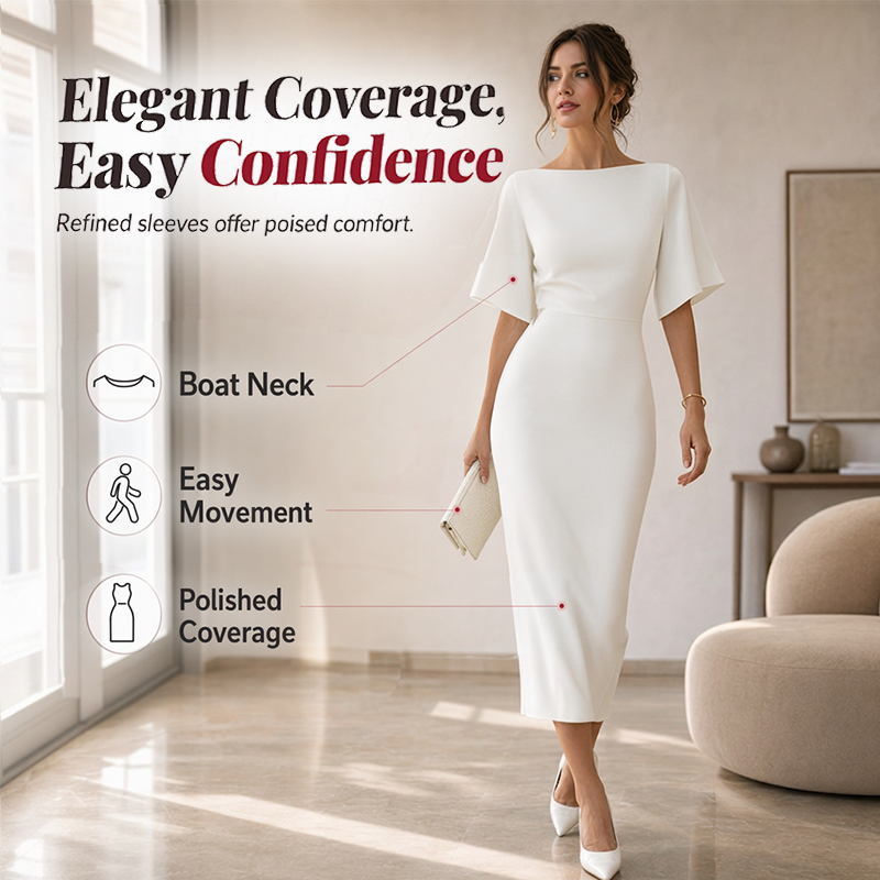 🔥-50%👗 Robe Midi Élégante Femme Col Bateau – Manches Flottantes Coupe Crayon