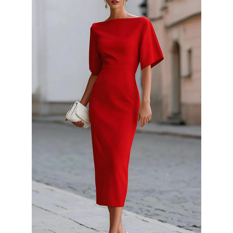 🔥-50%👗 Robe Midi Élégante Femme Col Bateau – Manches Flottantes Coupe Crayon