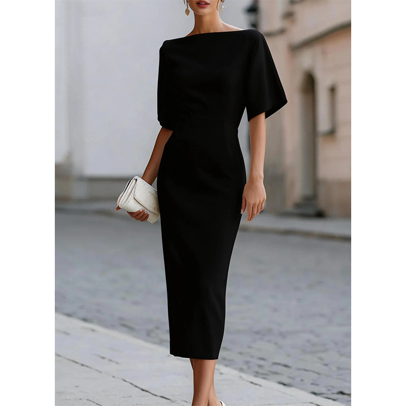 🔥-50%👗 Robe Midi Élégante Femme Col Bateau – Manches Flottantes Coupe Crayon