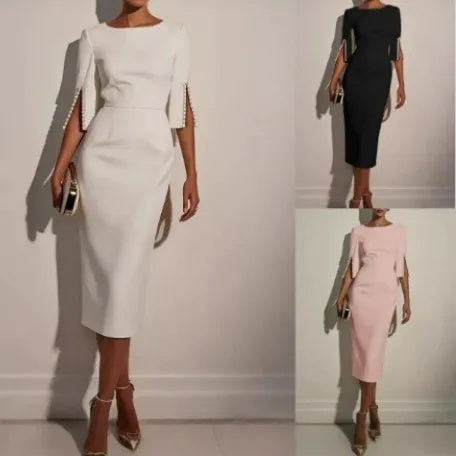 🔥-50%👗 Robe Crayon Midi Femme – Col Bateau, Manches Courtes et Fente Latérale