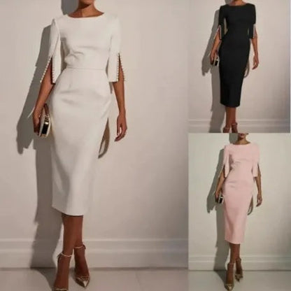 🔥-50%👗 Robe Crayon Midi Femme – Col Bateau, Manches Courtes et Fente Latérale