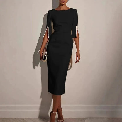 🔥-50%👗 Robe Crayon Midi Femme – Col Bateau, Manches Courtes et Fente Latérale