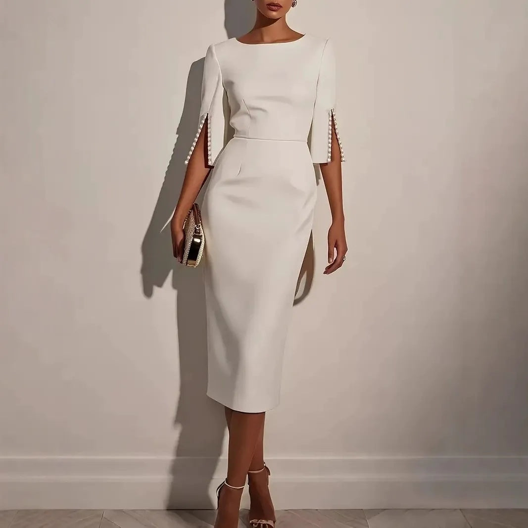🔥-50%👗 Robe Crayon Midi Femme – Col Bateau, Manches Courtes et Fente Latérale