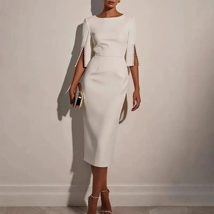 🔥-50%👗 Robe Crayon Midi Femme – Col Bateau, Manches Courtes et Fente Latérale