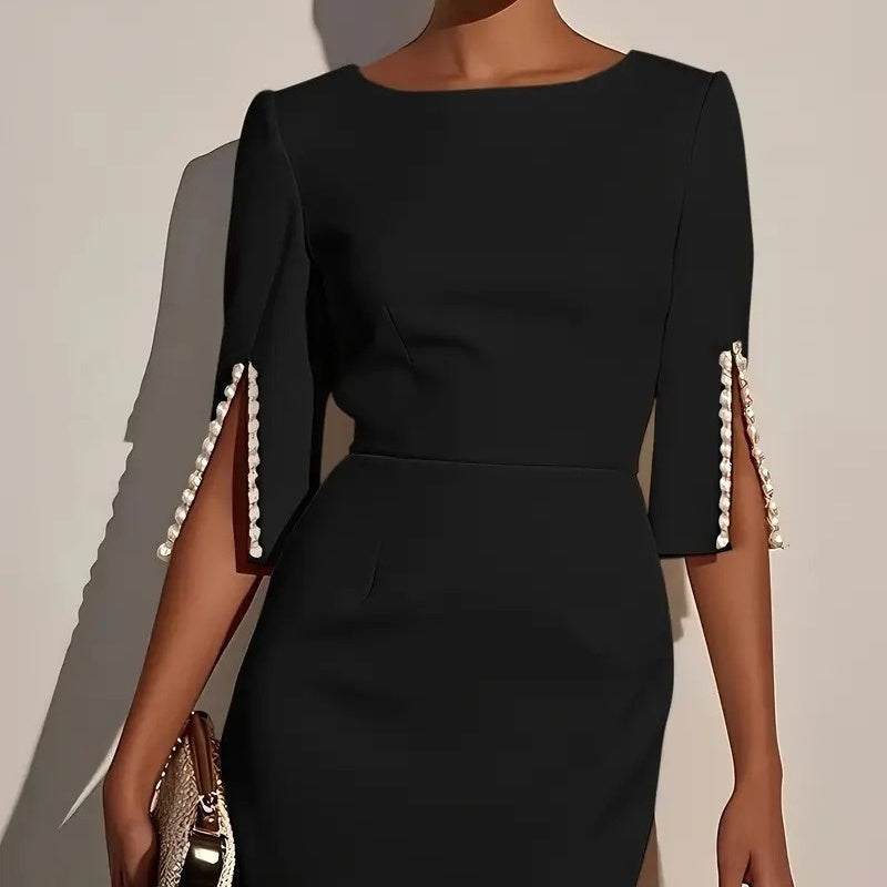 🔥-50%👗 Robe Crayon Midi Femme – Col Bateau, Manches Courtes et Fente Latérale