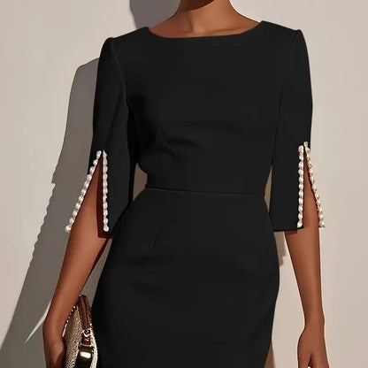 🔥-50%👗 Robe Crayon Midi Femme – Col Bateau, Manches Courtes et Fente Latérale