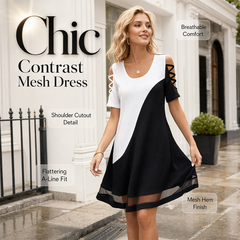⌛Offre à durée limitée – Robe midi à col rond pour femme, avec effet color block et ourlet en maille