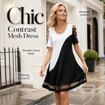 ⌛Offre à durée limitée – Robe midi à col rond pour femme, avec effet color block et ourlet en maille