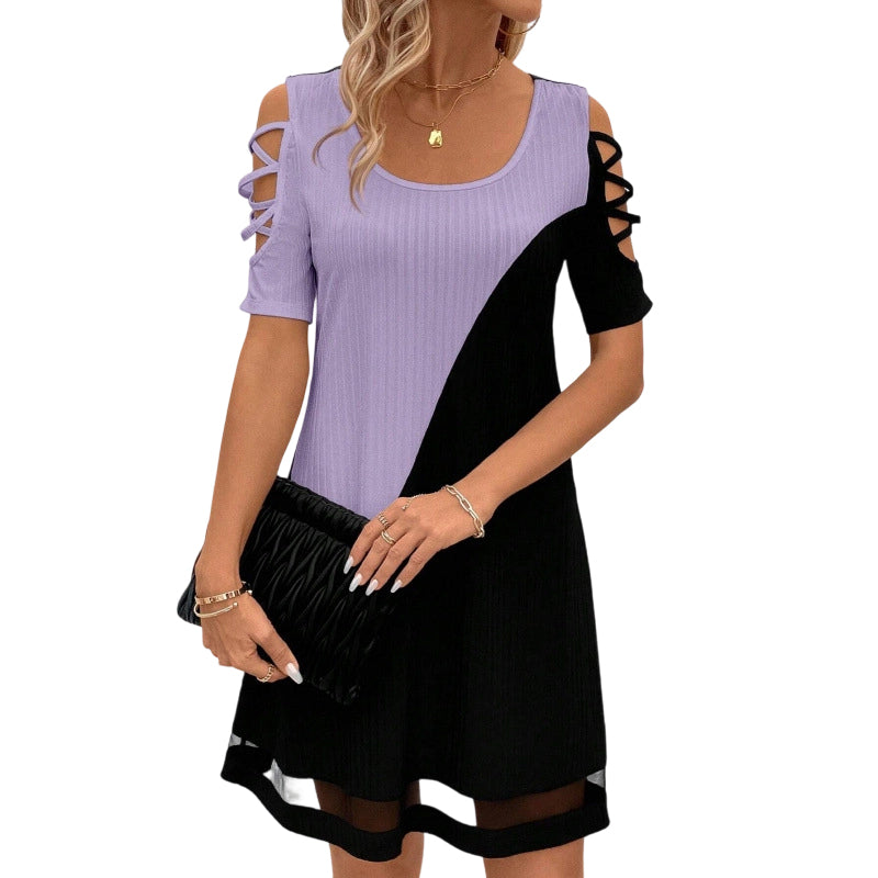 ⌛Offre à durée limitée – Robe midi à col rond pour femme, avec effet color block et ourlet en maille