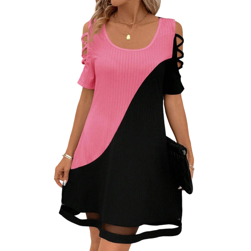 ⌛Offre à durée limitée – Robe midi à col rond pour femme, avec effet color block et ourlet en maille