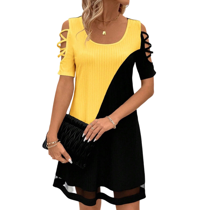⌛Offre à durée limitée – Robe midi à col rond pour femme, avec effet color block et ourlet en maille
